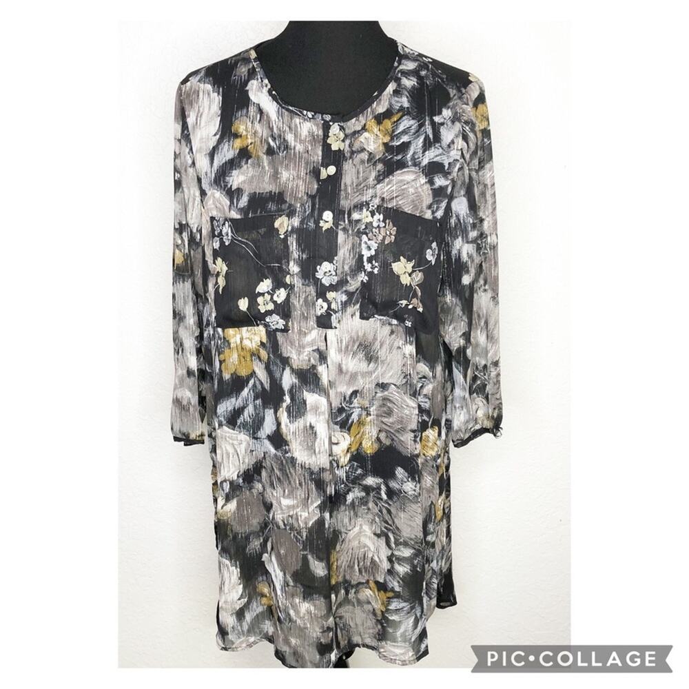 Figueroa & Flower black gray gold sheer floral button front dress or tunic Large
